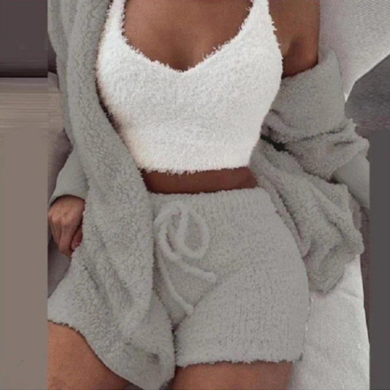 Autumn and Winter Warm Sleepwear Women'S Comfortable Knitted Thick Sleepwear Set V-Neck Winter Plush anti Cold 3-Piece Set