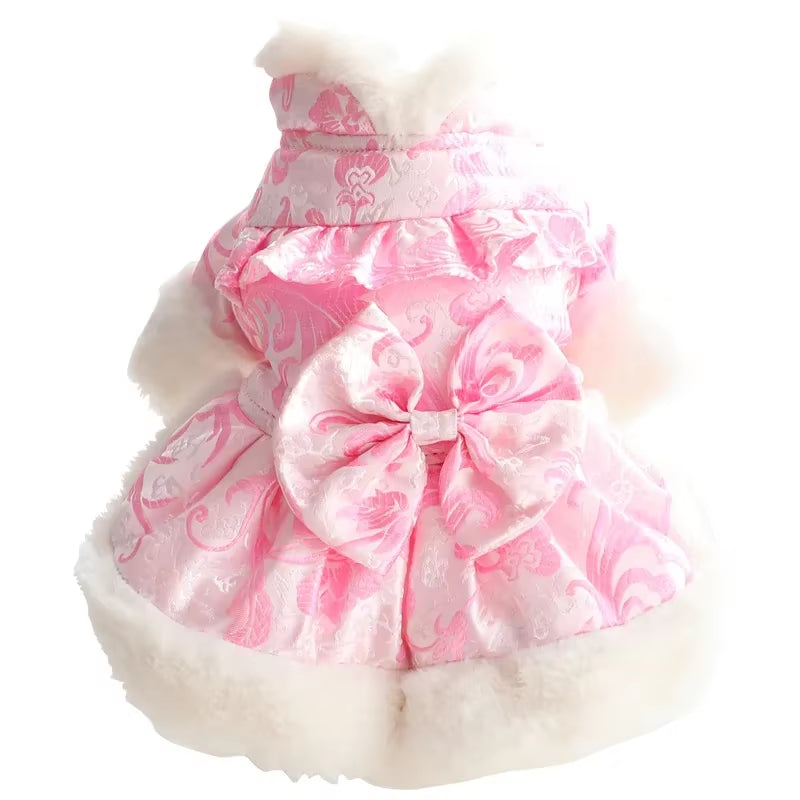 1PC Pet Dog Autumn Winter Thick and Warm Bow Button Princess Dress with Buckle for Small Medium Dogs CATS Puppy Chihuahua Dress