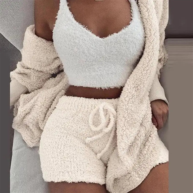 Autumn and Winter Warm Sleepwear Women'S Comfortable Knitted Thick Sleepwear Set V-Neck Winter Plush anti Cold 3-Piece Set