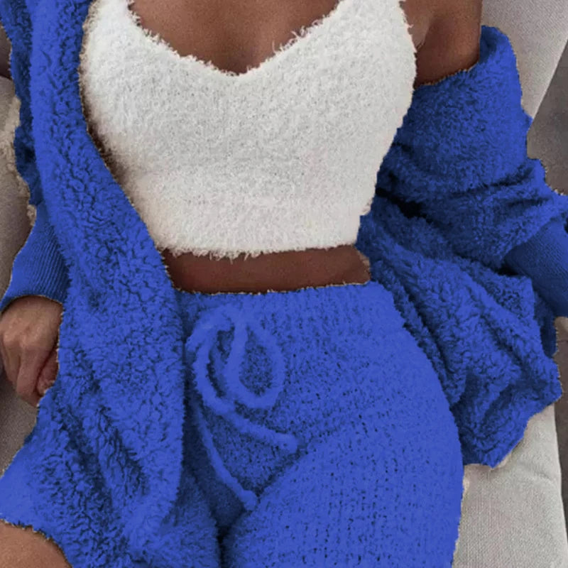 Autumn and Winter Warm Sleepwear Women'S Comfortable Knitted Thick Sleepwear Set V-Neck Winter Plush anti Cold 3-Piece Set