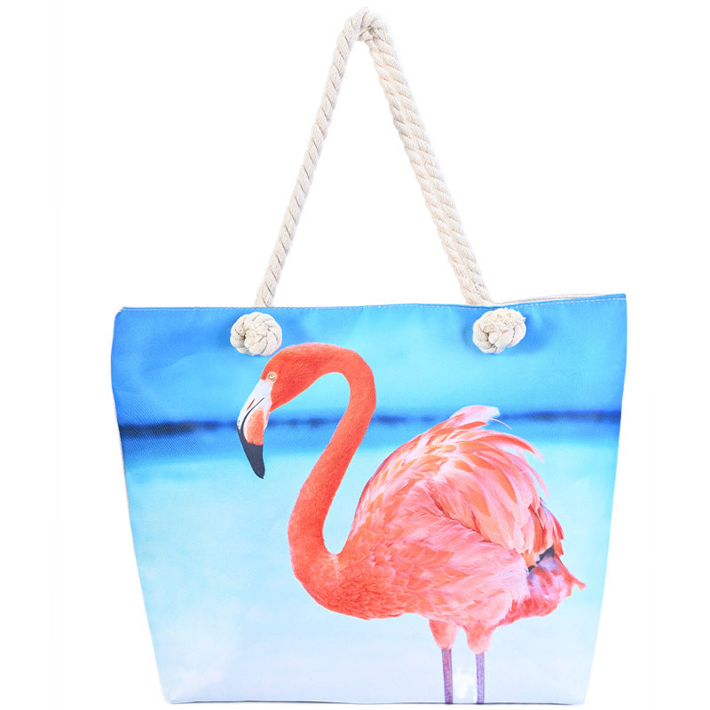 Flamingo Print Canvas Beach Tote Bag