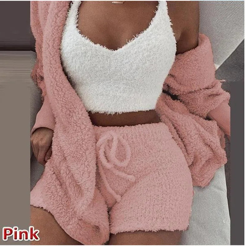 Autumn and Winter Warm Sleepwear Women'S Comfortable Knitted Thick Sleepwear Set V-Neck Winter Plush anti Cold 3-Piece Set