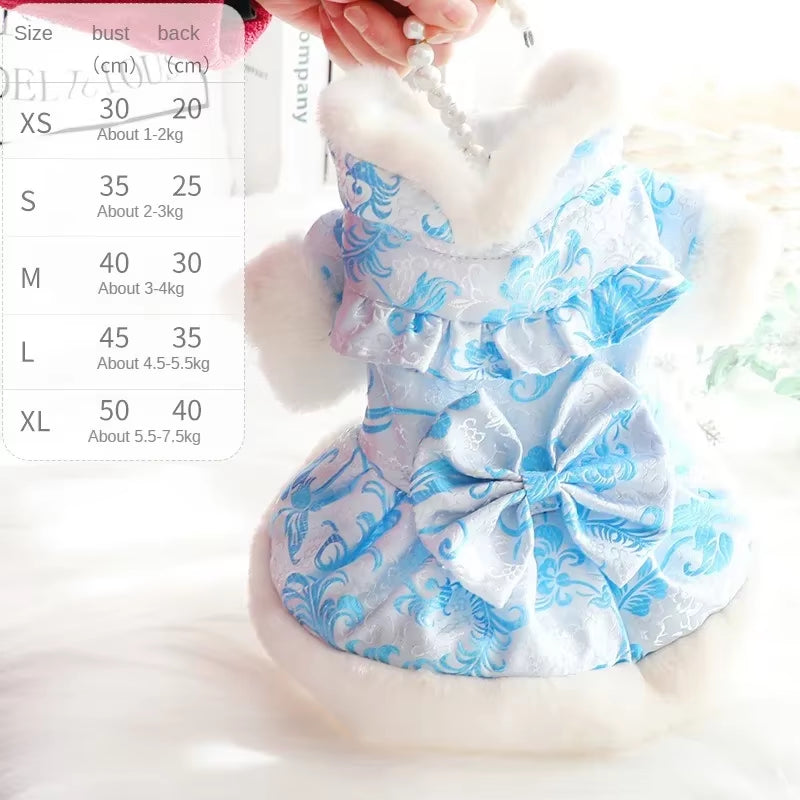 1PC Pet Dog Autumn Winter Thick and Warm Bow Button Princess Dress with Buckle for Small Medium Dogs CATS Puppy Chihuahua Dress