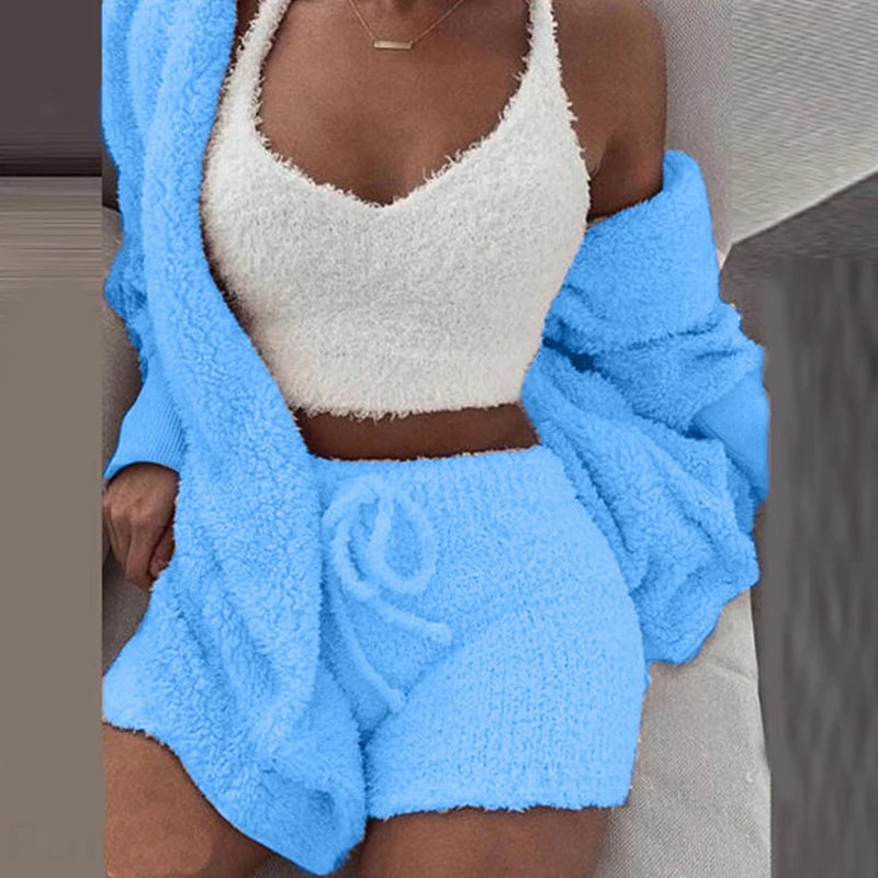 Autumn and Winter Warm Sleepwear Women'S Comfortable Knitted Thick Sleepwear Set V-Neck Winter Plush anti Cold 3-Piece Set