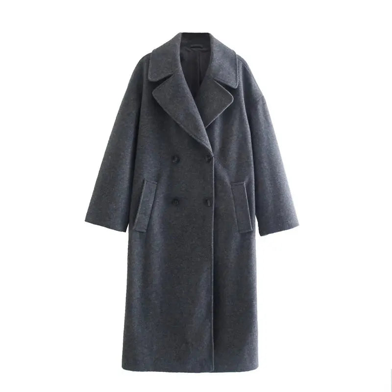 Lapel Women Straight Overcoat Casual Double-Breasted Office Ladies Long Coat 2022 Autumn Winter Solid Female Streetwear Coats
