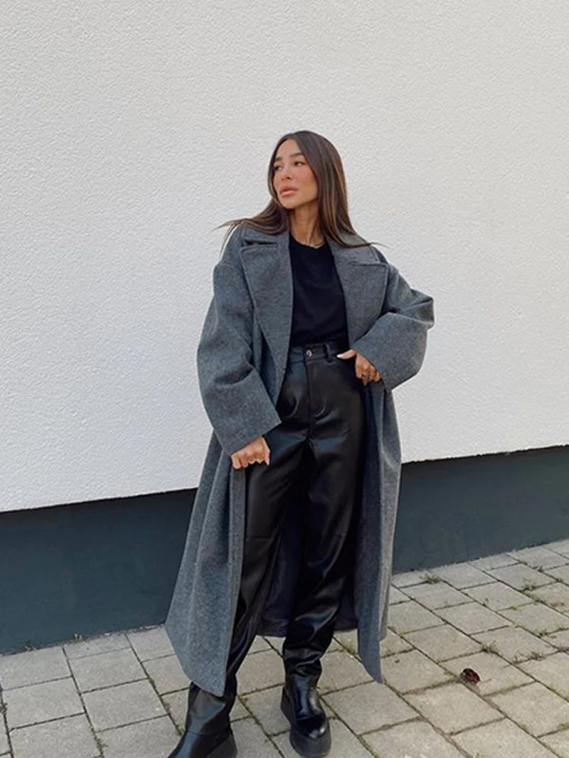 Lapel Women Straight Overcoat Casual Double-Breasted Office Ladies Long Coat 2022 Autumn Winter Solid Female Streetwear Coats