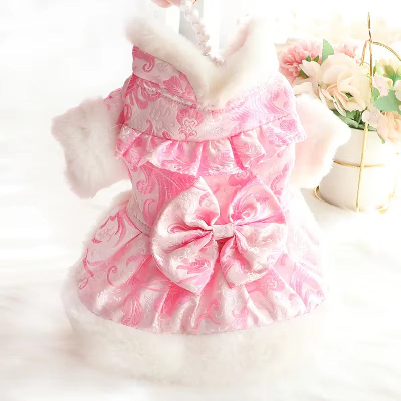 1PC Pet Dog Autumn Winter Thick and Warm Bow Button Princess Dress with Buckle for Small Medium Dogs CATS Puppy Chihuahua Dress