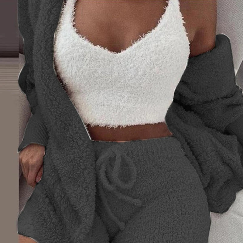 Autumn and Winter Warm Sleepwear Women'S Comfortable Knitted Thick Sleepwear Set V-Neck Winter Plush anti Cold 3-Piece Set