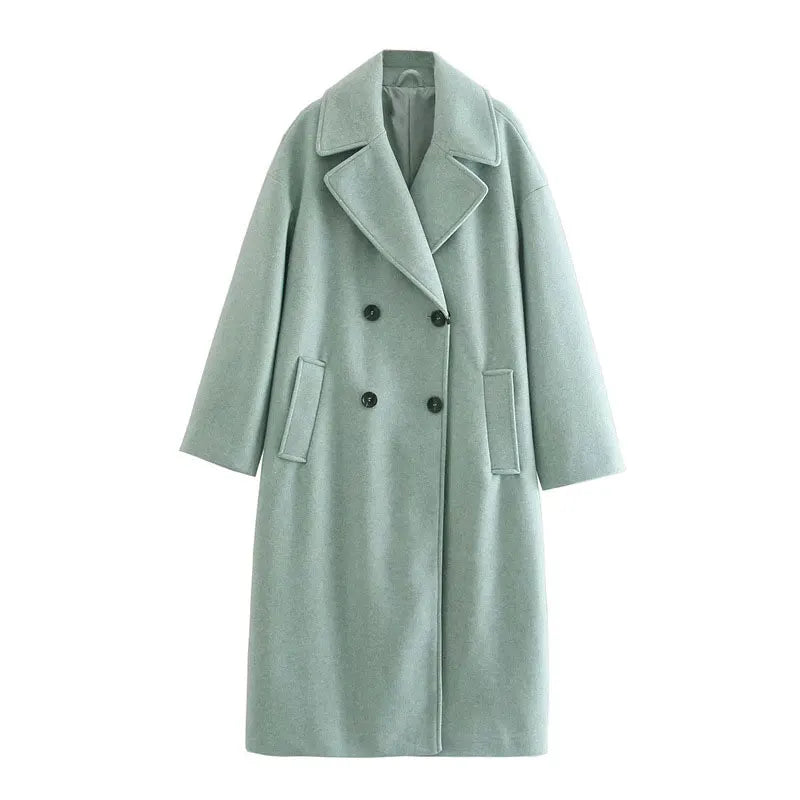 Lapel Women Straight Overcoat Casual Double-Breasted Office Ladies Long Coat 2022 Autumn Winter Solid Female Streetwear Coats