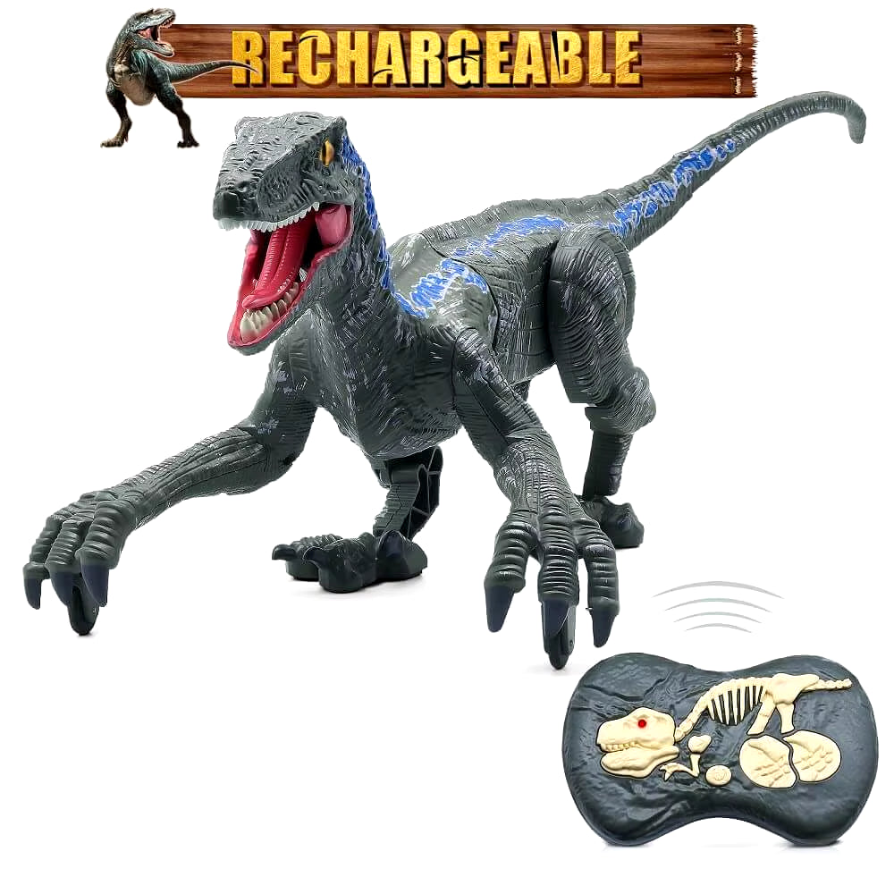 Upgraded Chargeable Remote Control Dinosaur Toys Kids Jurassic Dinosaur Simulation Velociraptor Toy with LED Light and Roaring