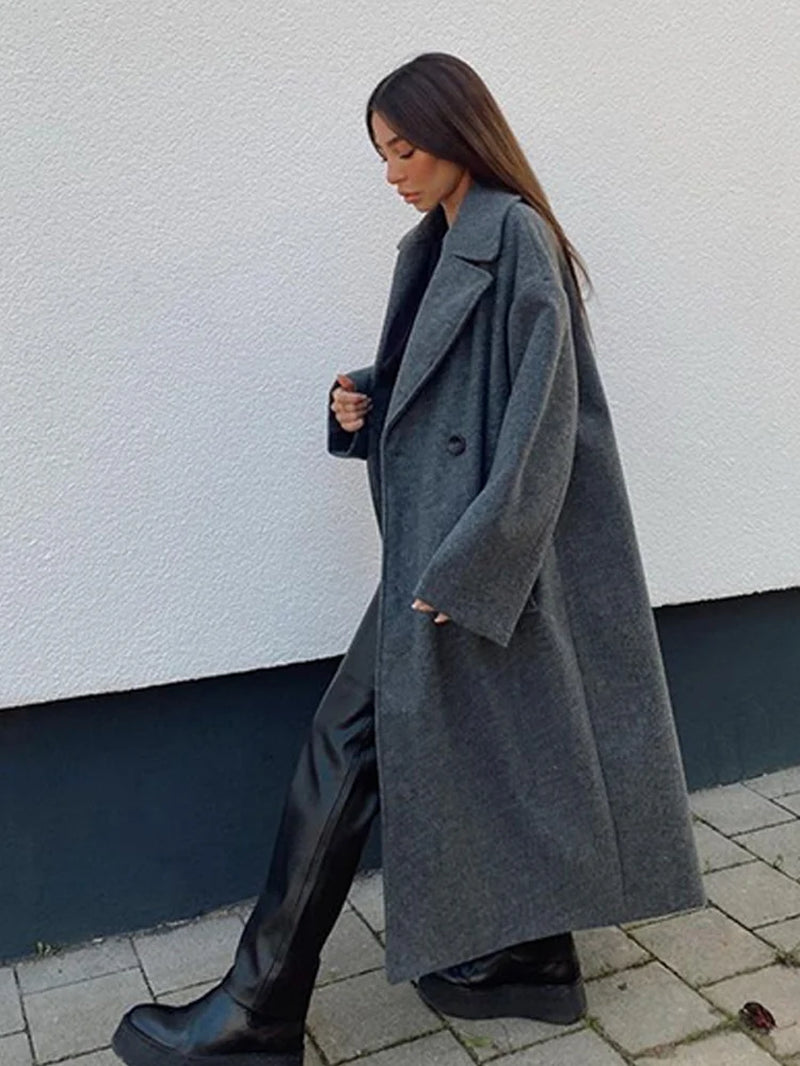 Lapel Women Straight Overcoat Casual Double-Breasted Office Ladies Long Coat 2022 Autumn Winter Solid Female Streetwear Coats