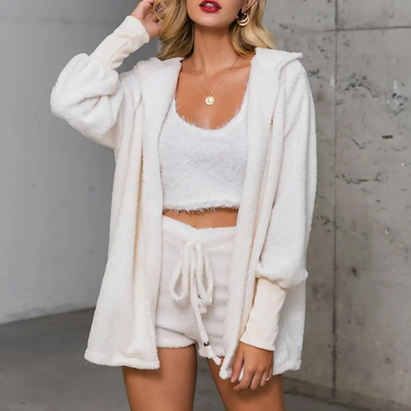 Autumn and Winter Warm Sleepwear Women'S Comfortable Knitted Thick Sleepwear Set V-Neck Winter Plush anti Cold 3-Piece Set