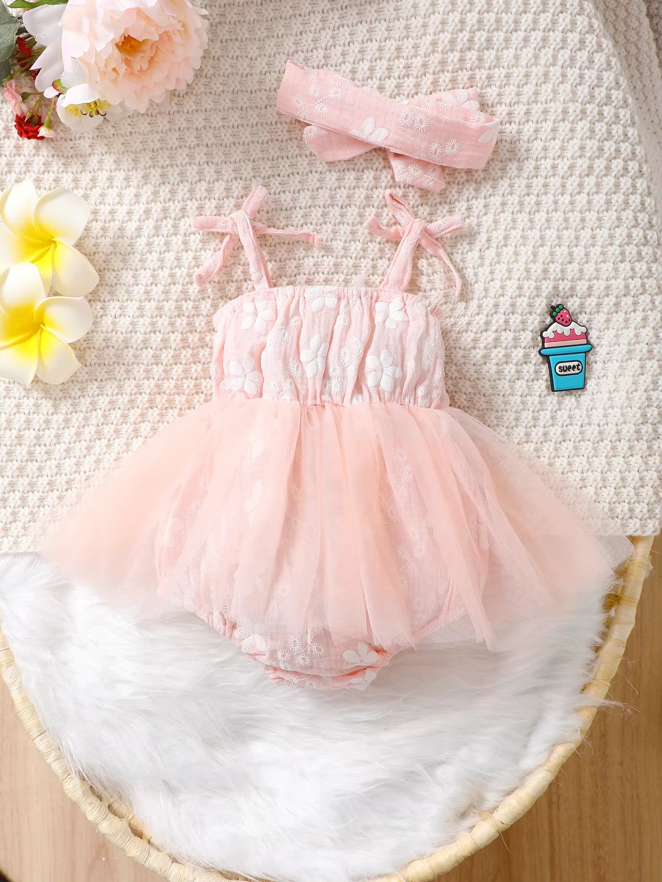 0-18 Months Newborn Baby Girl Fashion Cute Bodysuit Floral Suspender Mesh Skirt Jumpsuit+Headwear Toddler Girl Summer Romper