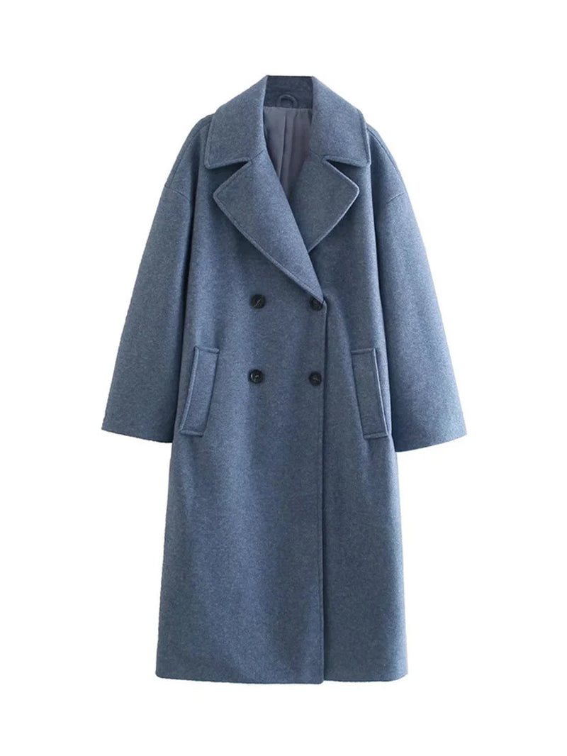Lapel Women Straight Overcoat Casual Double-Breasted Office Ladies Long Coat 2022 Autumn Winter Solid Female Streetwear Coats