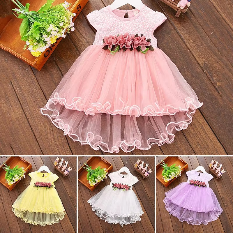 Cute Baby Girls Summer Floral Dress Princess Party Tulle Flower Dresses Toddler Infant Girls Mesh Tutu Dress 0-3Y Clothing
