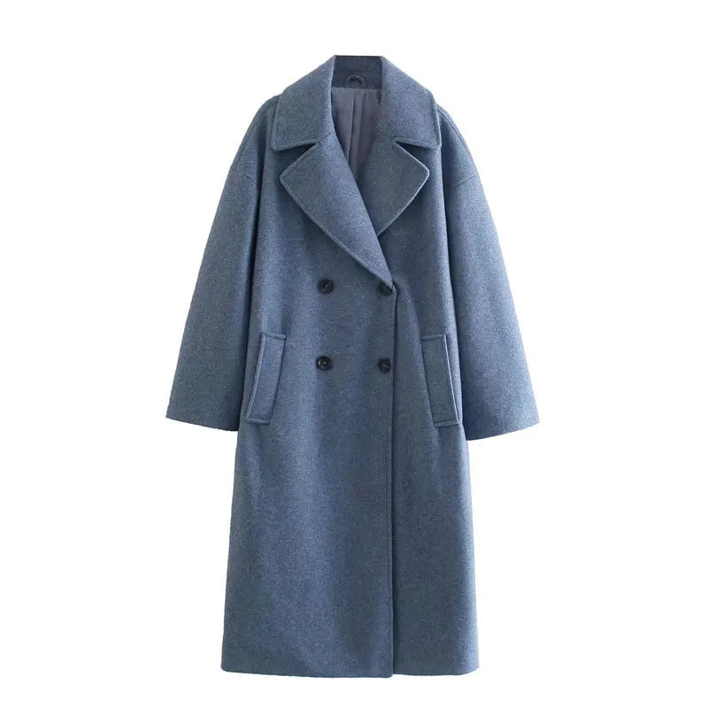 Lapel Women Straight Overcoat Casual Double-Breasted Office Ladies Long Coat 2022 Autumn Winter Solid Female Streetwear Coats
