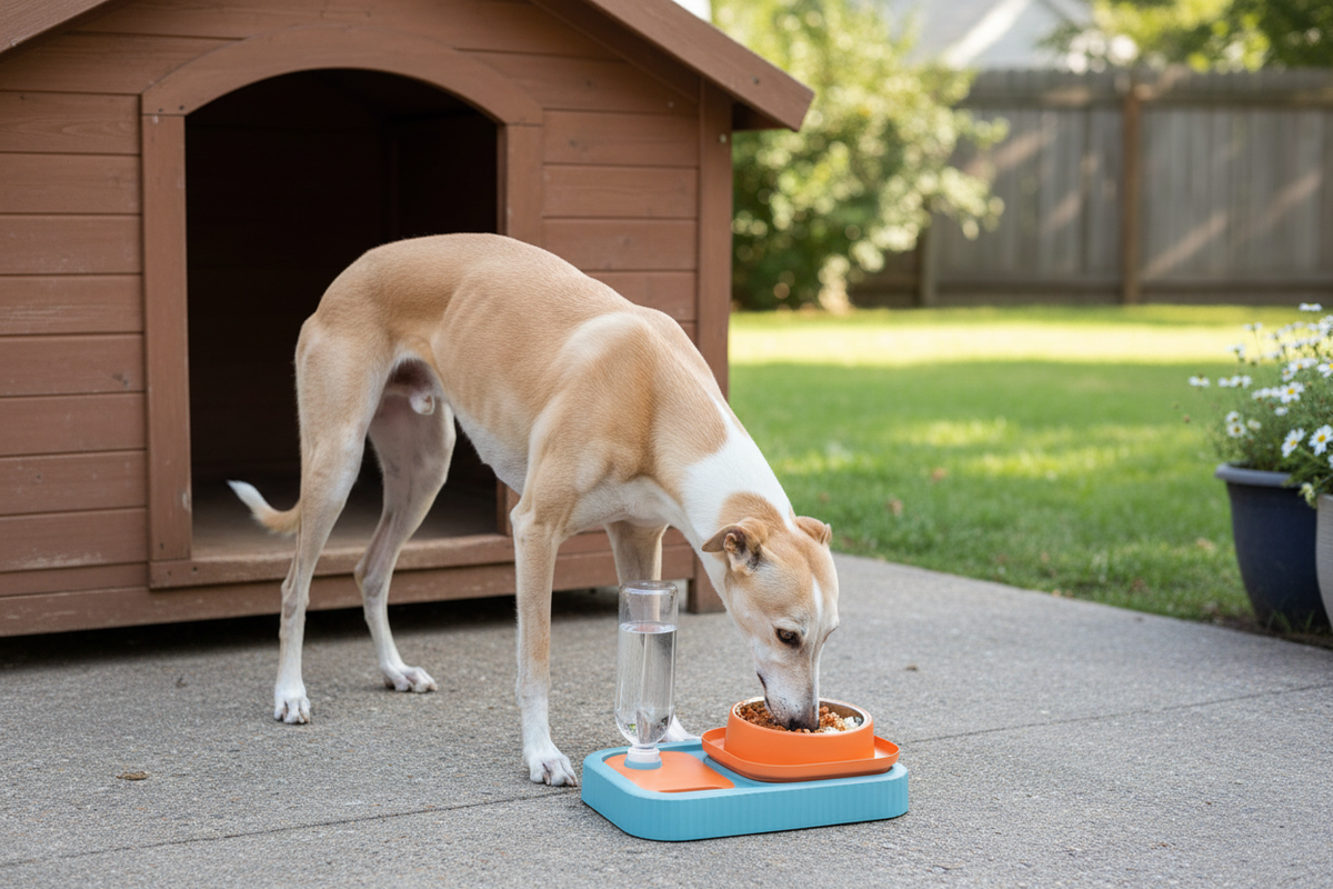 Greyhound eating from pet bowl at kennel