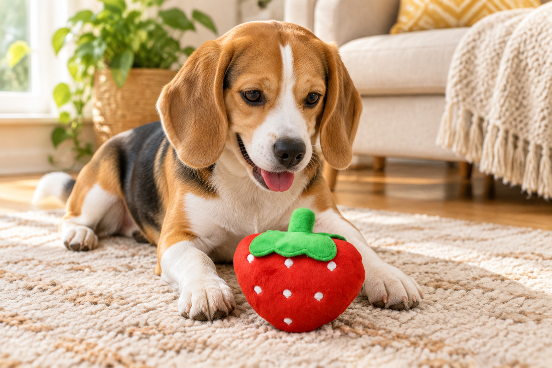 Beagle lying on a living room rug with a red strawberry plush dog toy between its front paws.