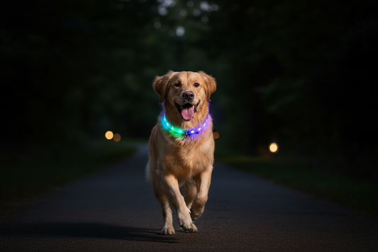 Dog wearing LumiPaw USB rechargeable LED collar on a nighttime walk