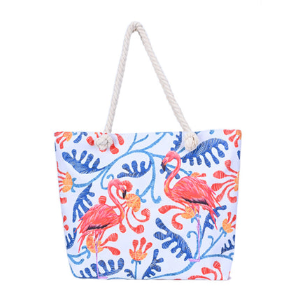 Flamingo Print Canvas Beach Tote Bag