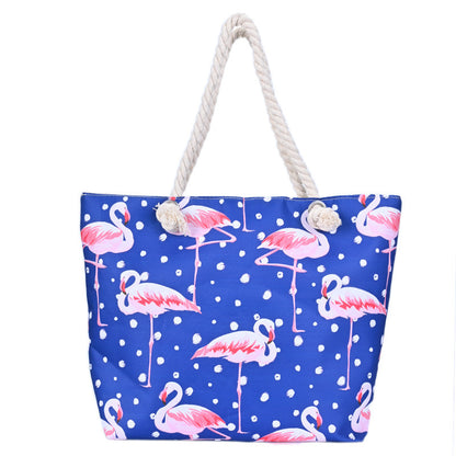 Flamingo Print Canvas Beach Tote Bag