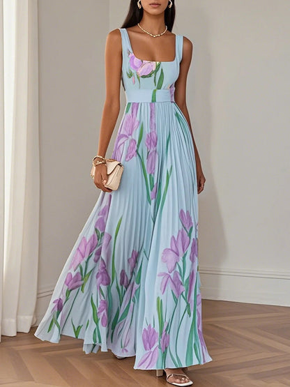 Floral Print Pleated Square Neck Dress