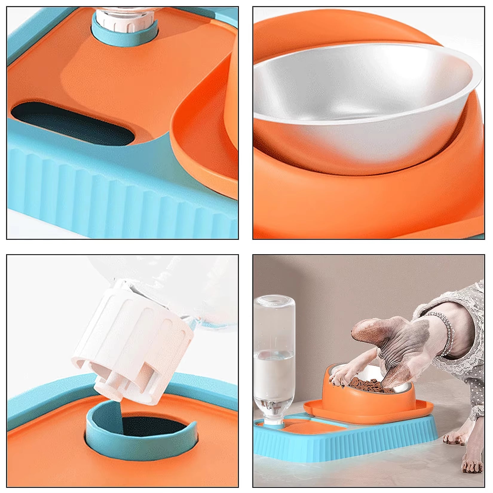 3 in 1 Dog Cat Water Bowl with Automatic Drinking Bottle Pet Food Container Drinking Dish Slow Feeder 15° Tilted Design