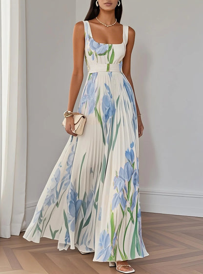 Floral Print Pleated Square Neck Dress