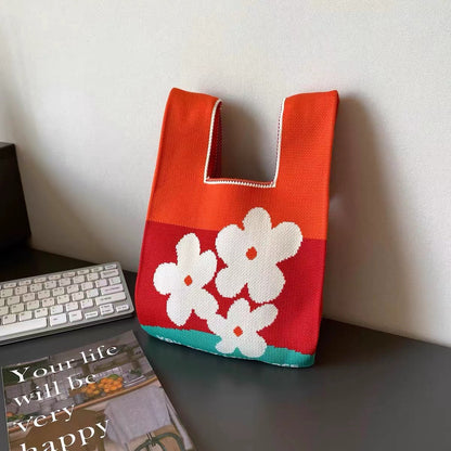 Knitted Tote Bag with Floral Design