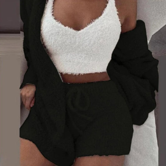 Autumn and Winter Warm Sleepwear Women'S Comfortable Knitted Thick Sleepwear Set V-Neck Winter Plush anti Cold 3-Piece Set