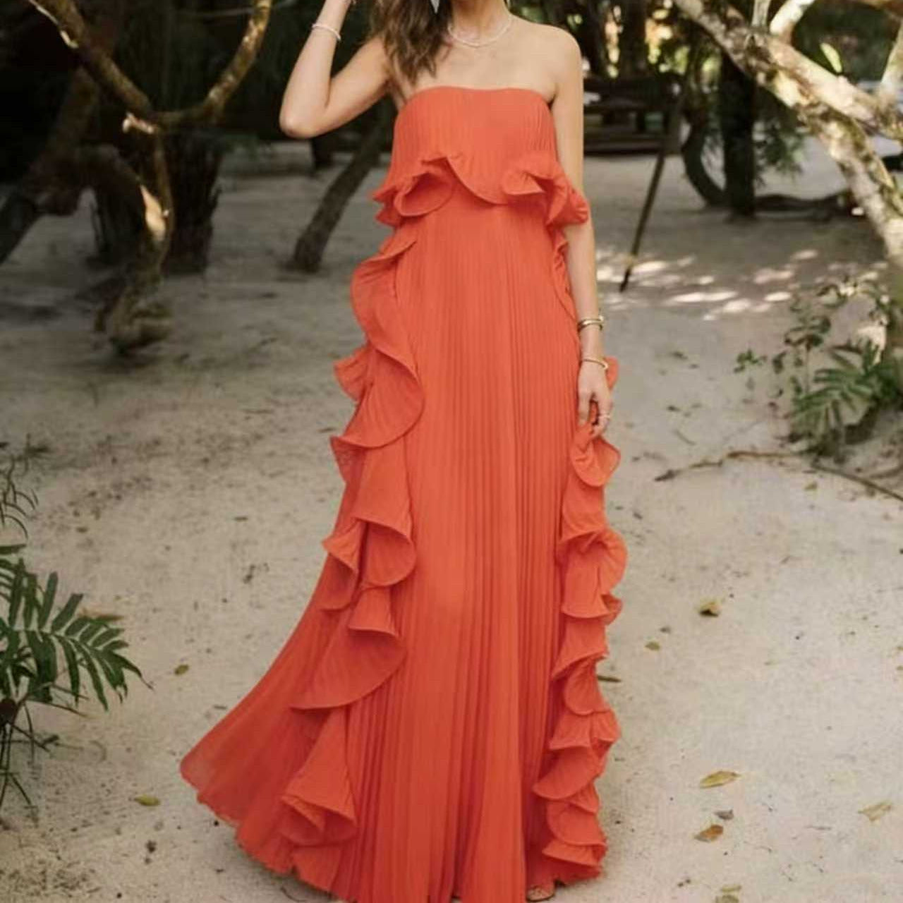 Strapless Pleated Chiffon Dress