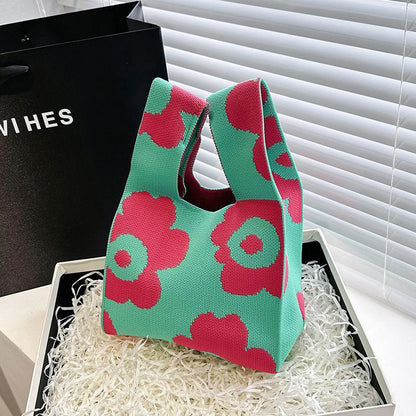 Knitted Tote Bag with Floral Design