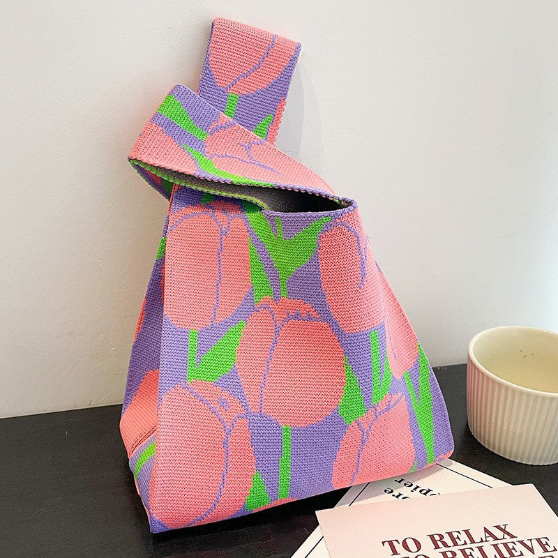 Knitted Tote Bag with Floral Design