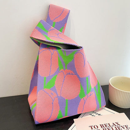 Knitted Tote Bag with Floral Design