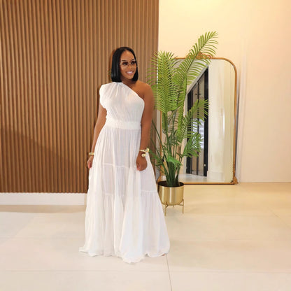 Linen Slanted Shoulder Maxi Dress