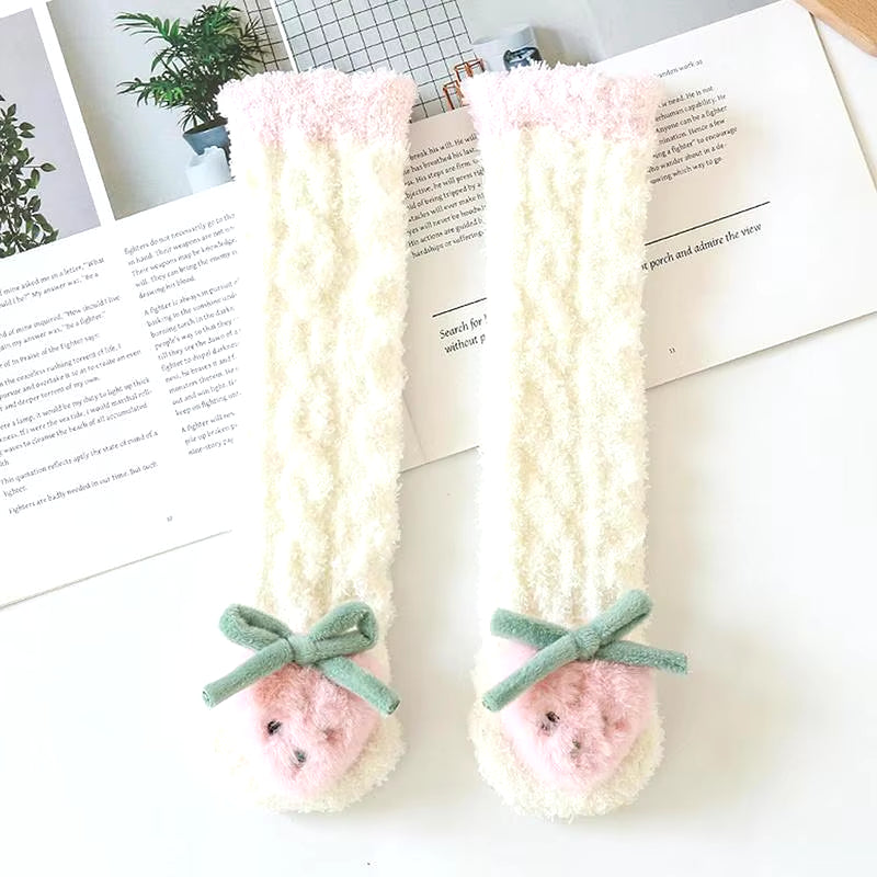 Winter Slipper Socks Fluffy Cartoon Warm Socks with Decors Elastic Home Socks for Living Room Bedroom Kids Room 0-5 Years Old