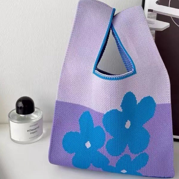Knitted Tote Bag with Floral Design