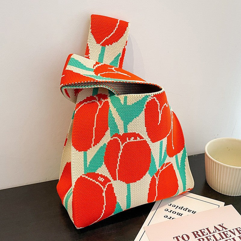 Knitted Tote Bag with Floral Design
