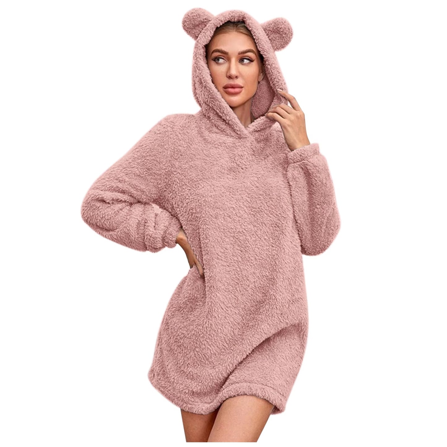 Autumn Winter Hoodies Women Long Sleeve Bear Ear Hood Sweatshirts Plush Warm Sweatshirt Dress for Female Clothing Sudadera Mujer