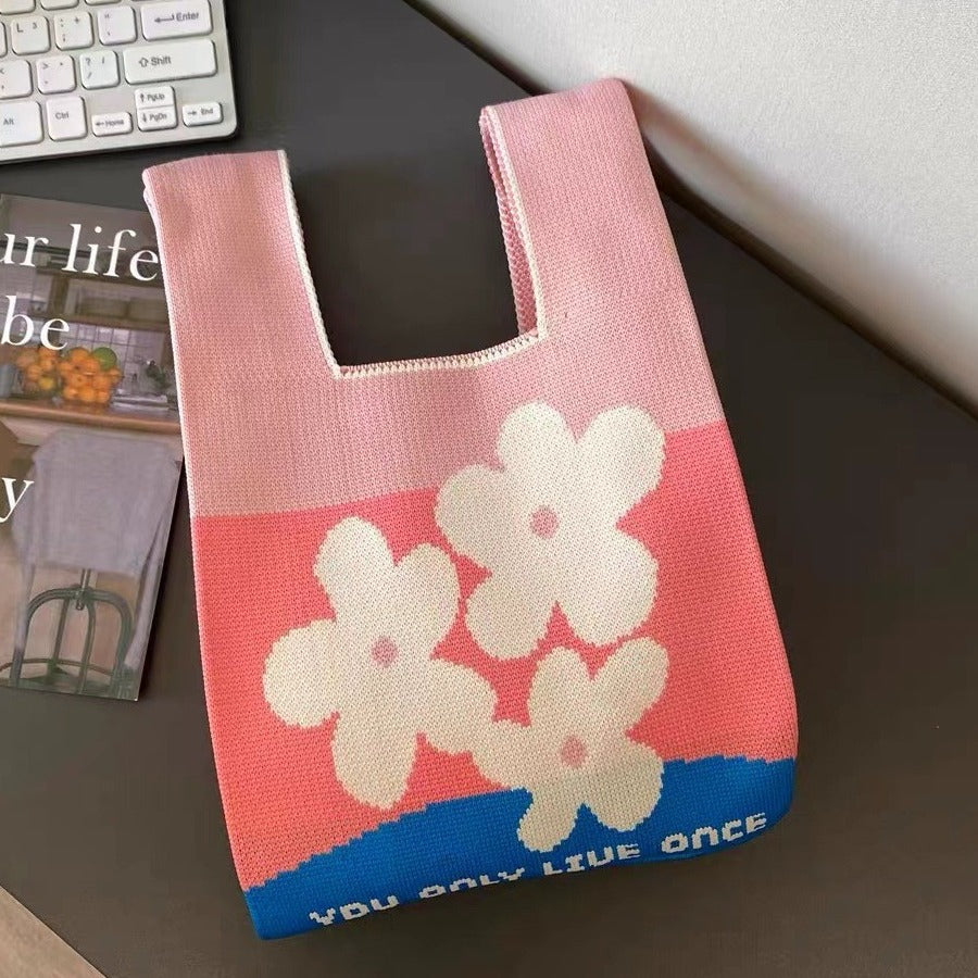 Knitted Tote Bag with Floral Design