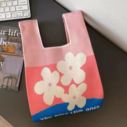 Knitted Tote Bag with Floral Design