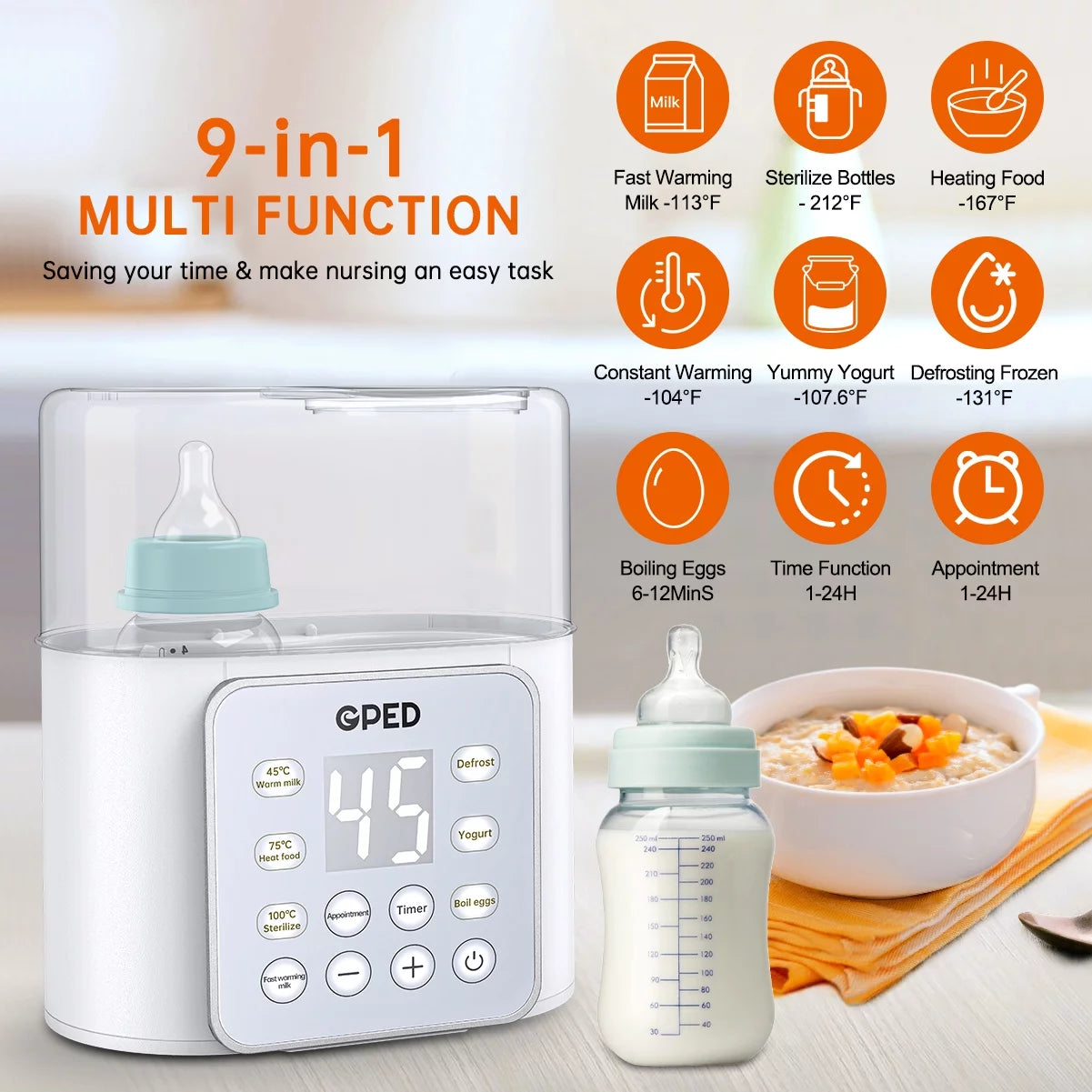 Baby Bottle Warmer, 9-In-1 Fast Baby Food Heater & Defrost, Double Bottle Warmer with Appointment &Timer, Bpa-Free, Accurate Temperature Control for Breastmilk & Formula, LCD Display