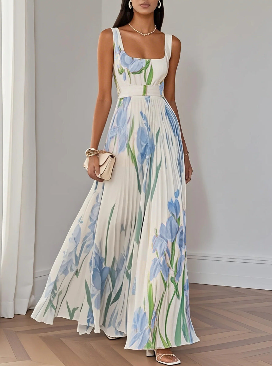 Floral Print Pleated Square Neck Dress