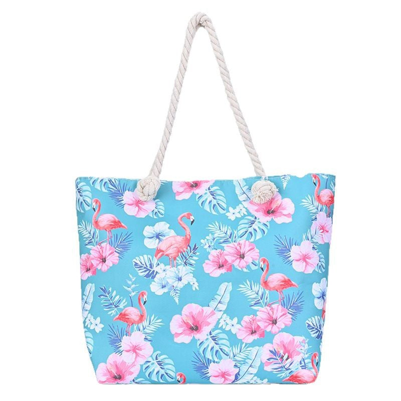 Flamingo Print Canvas Beach Tote Bag