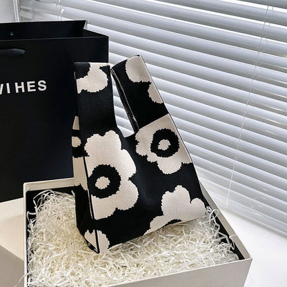 Knitted Tote Bag with Floral Design