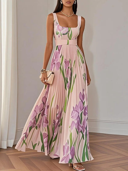 Floral Print Pleated Square Neck Dress
