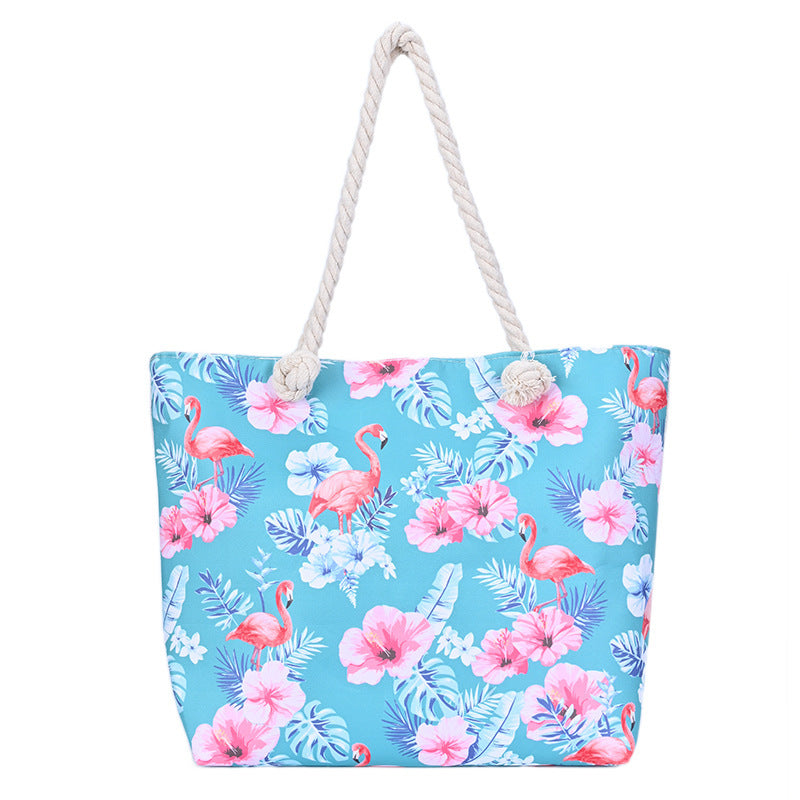Flamingo Print Canvas Beach Tote Bag