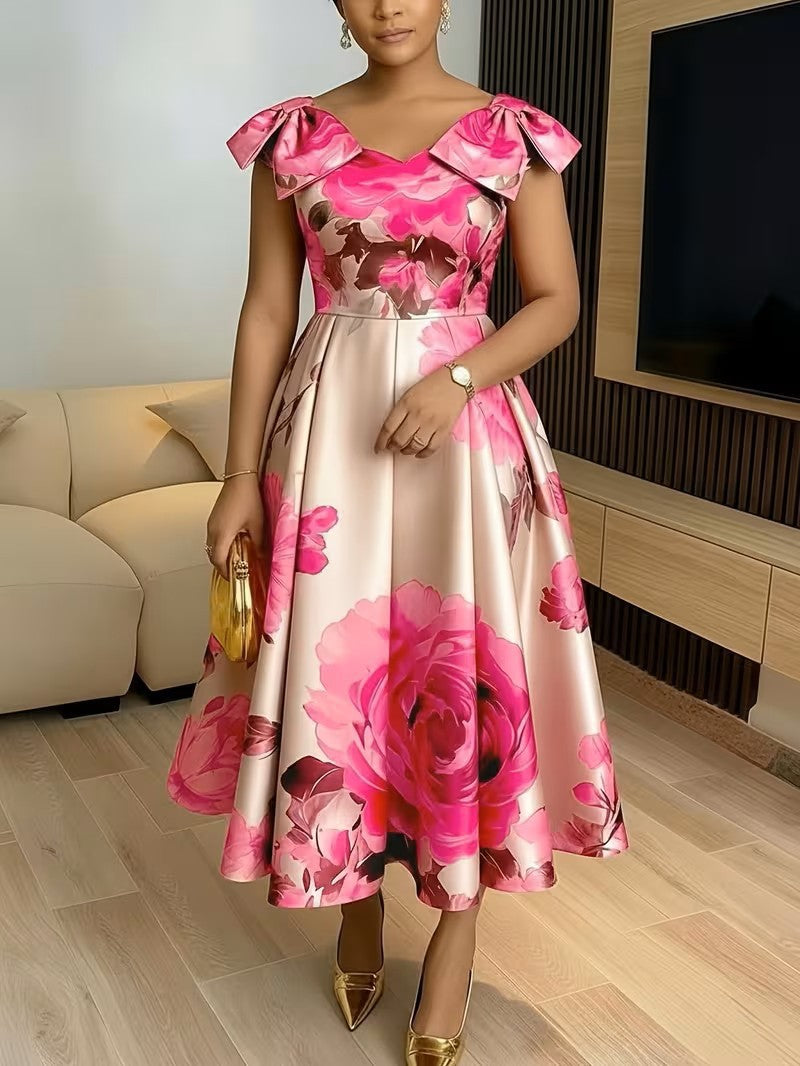 Floral Printed Ruffle Neck A-Line Dress
