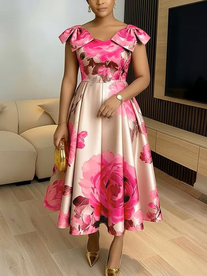 Floral Printed Ruffle Neck A-Line Dress