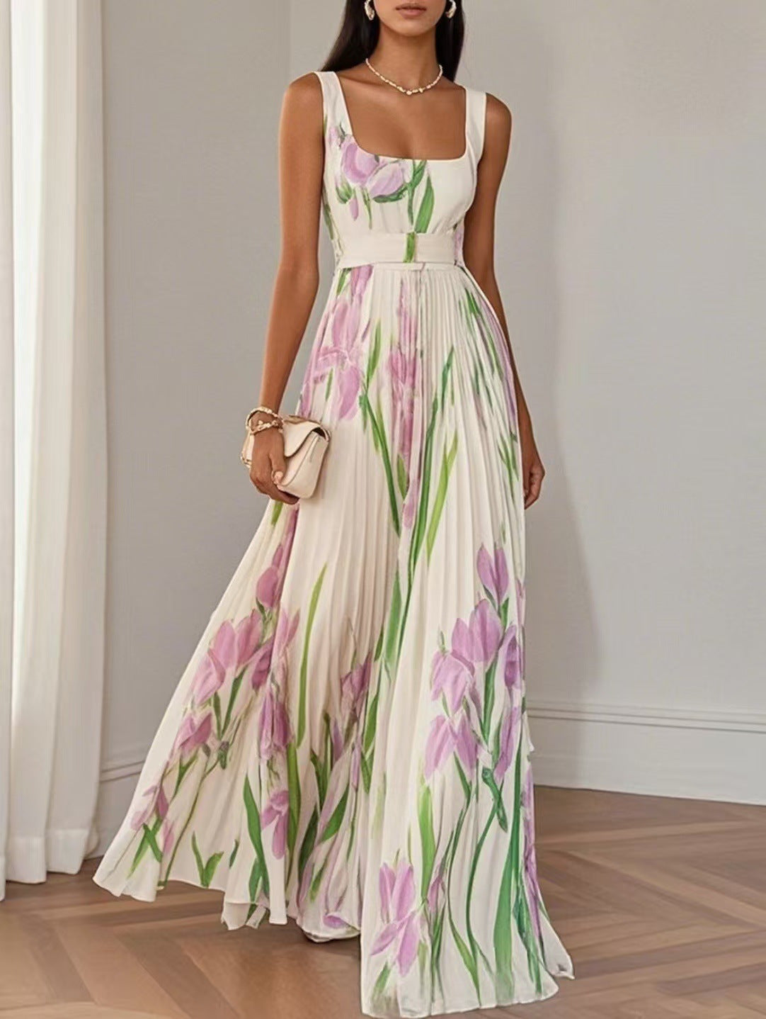 Floral Print Pleated Square Neck Dress